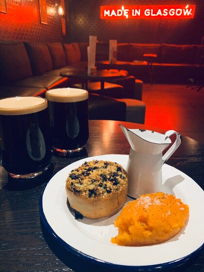 A haggis pie served with squash, gravy and 2 pints of their famous brew.